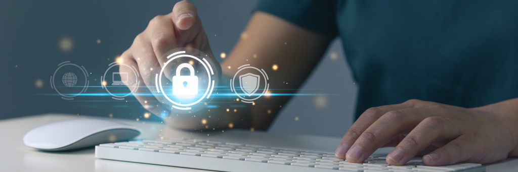 Cybersecurity technology, person using infographics security for global internet network.