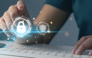 Cybersecurity technology, person using infographics security for global internet network.