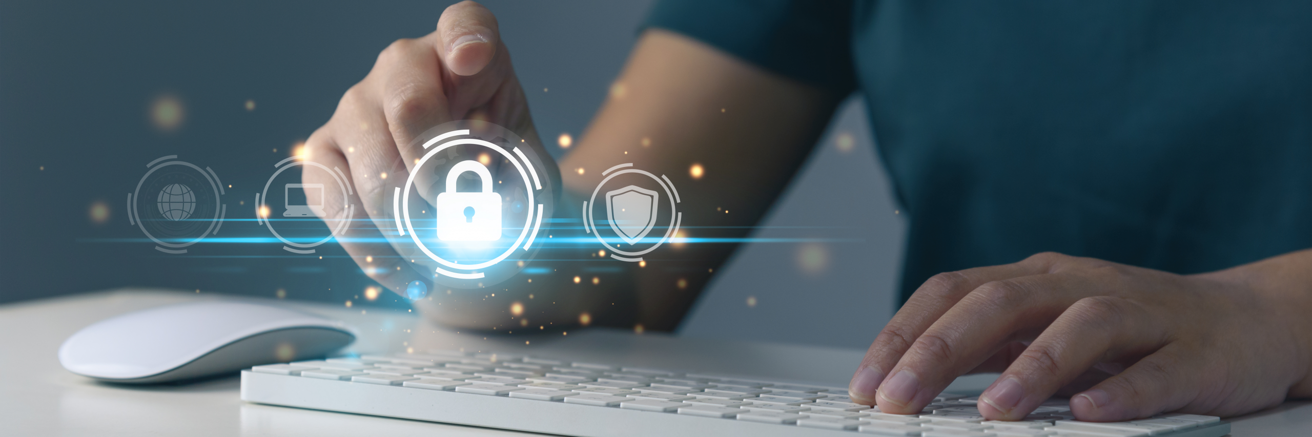 Cybersecurity technology, person using infographics security for global internet network.