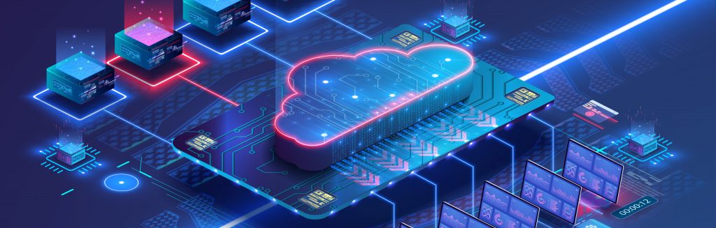 Data center isometric concept. Server room with hardware racks or web hosting infrastructure. Blue web banner. Concept of big data storage and cloud computing technology. 3d Vector illustration