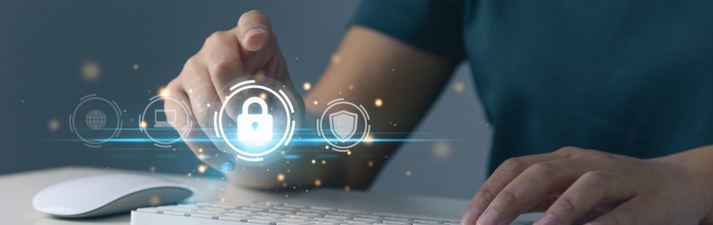 Cybersecurity technology, person using infographics security for global internet network.